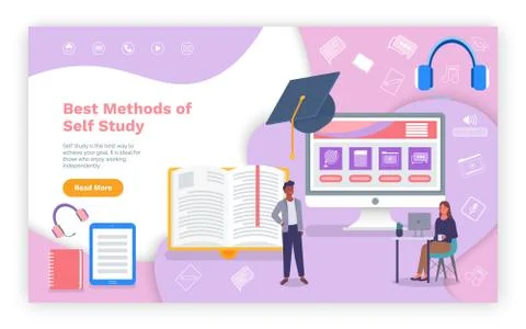 E-learning concept illustration of young people using laptop and tablet pc for イラスト素材