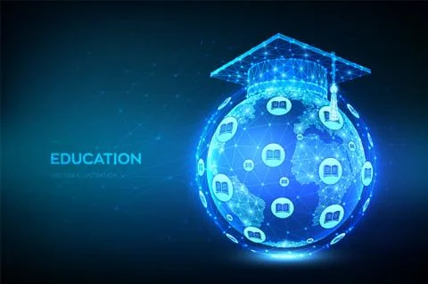 E-learning concept. Innovative online education. Abstract Low Polygonal Gradu Illustrazione stock
