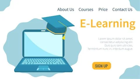 E-learning concept. Laptop and graduation cap. Online education, e-learning p Stock Illustration