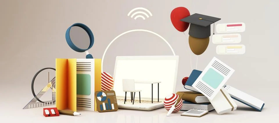 E-learning concept with laptop and wi-fi symbol surrounded by Graduate cap, o Ilustración de archivo