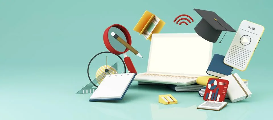 E-learning concept with laptop and wi-fi symbol surrounded by Graduate cap, o Ilustración de archivo