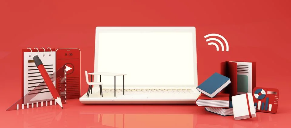 E-learning concept with laptop and wi-fi symbol surrounded by Graduate cap, o Ilustración de archivo