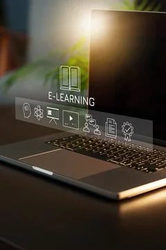E learning concept with laptop and digital icons in a modern workspace Stock Photos