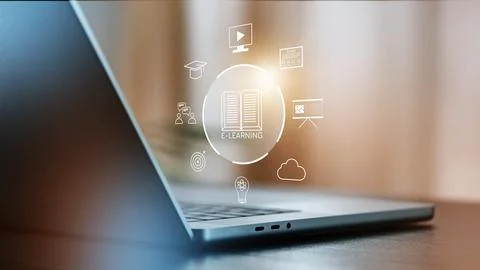 E learning concept on laptop with icons representing various digital education Stock Photos