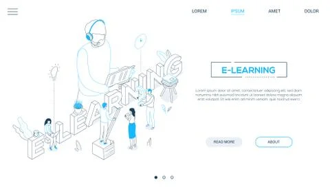E-learning concept - line design style isometric web banner 스톡 일러스트