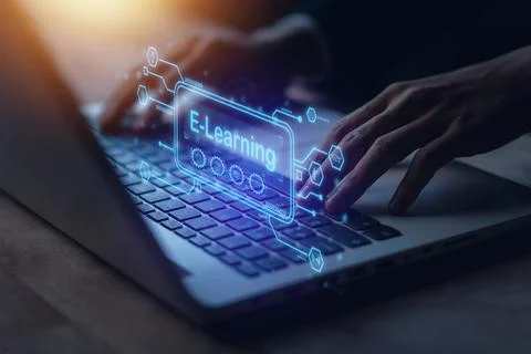 E-Learning concept, Man hand typing keyboard laptop (Notebook) with webinar.. Stock Photos