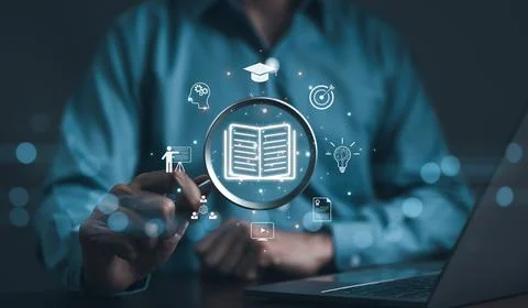 E learning concept. Man learning online with webinar. The Internet is used .. Stock Photos