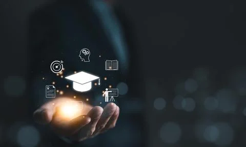 E-learning concept. Man showing education icon, learning online webinar. Stock-Fotos