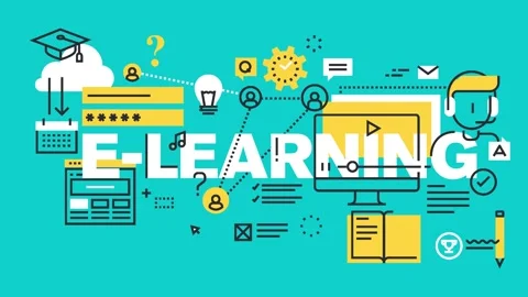 E-learning concept motion with digital icons on blue background Stock Footage 340282601
