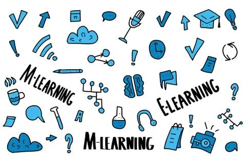 E-learning concept. Online education. Quotes and school symbols in doodle sty Stock Illustration