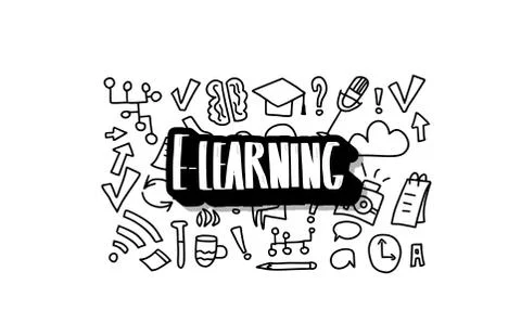 E-learning concept. Online education. Quote and school symbols in doodle styl Illustrazione stock