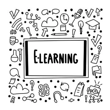 E-learning concept. Online education. Quote and school symbols in doodle styl 스톡 일러스트