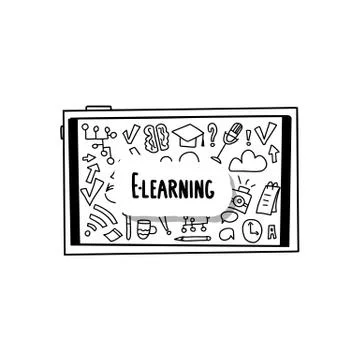 E-learning concept. Online education. Quote sticker and school symbols in doo Stock Illustration
