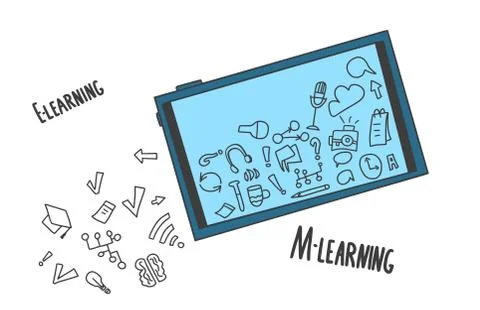 E-learning concept. Online education. Quote and school symbols in doodle styl Illustrazione stock