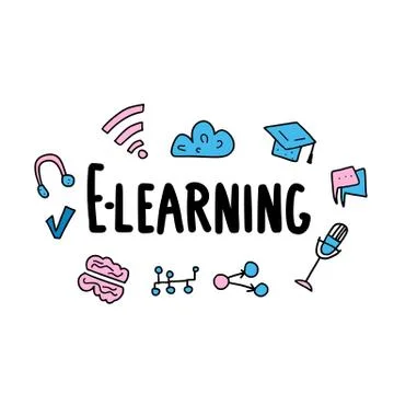 E-learning concept. Online education. Qute and school symbols in doodle style Illustrazione stock