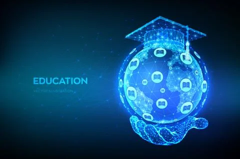 E-learning concept. Online education. Abstract Low Polygonal Graduation cap o Stock Illustration