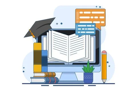 E-learning concept, Online education, digital library, e-book, classroom. Illustrazione stock