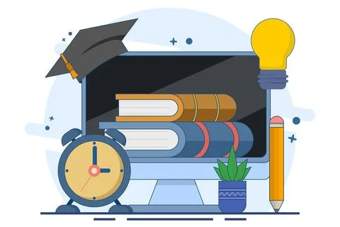 E-learning concept, Online education, digital library, e-book, classroom. Illustrazione stock