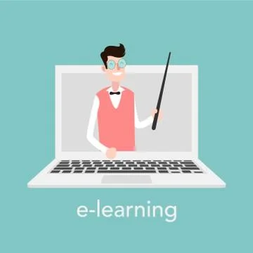 E-learning concept for online school. Vector laptop on blue background Stock Illustration