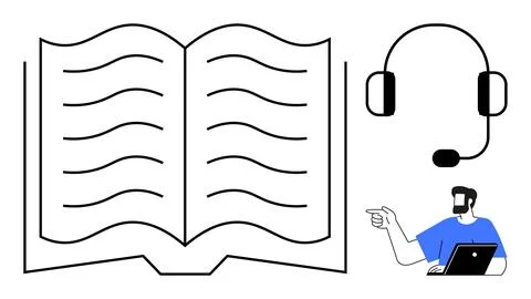 E-Learning Concept with Open Book, Headset, and Instructor at Laptop 스톡 일러스트