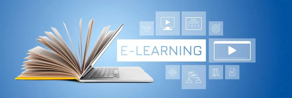 E learning concept with open book and laptop showing various digital learning Stock Photos