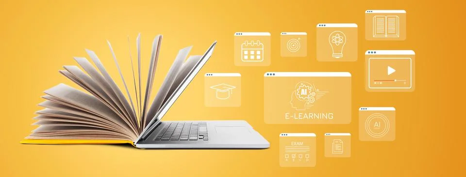 E learning concept with open book and laptop showing various educational tools Stock Photos