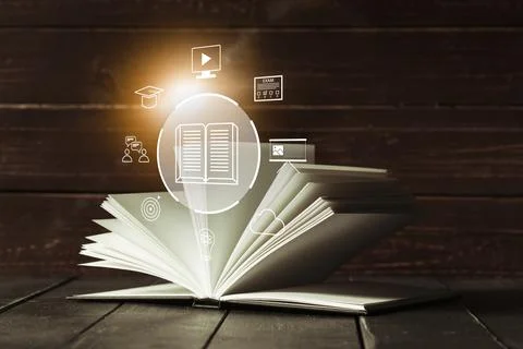 E learning concept with open book and digital icons showing study and online Stock Photos