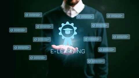 E learning concept with a person holding digital icons representing online Stock Photos