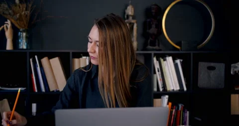 E-learning concept. Portrait of young beautiful blonde student woman study Stock Footage 134939497