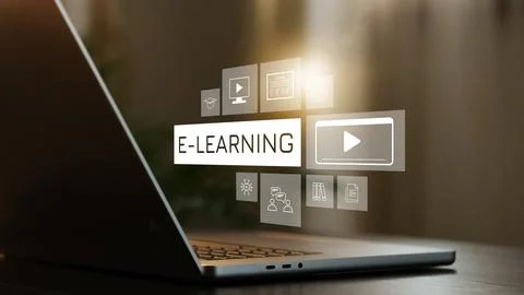 E learning concept shown on a laptop screen with various educational symbols in Stock Photos