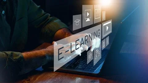 E-learning concept shows hands interacting with digital icons on a laptop screen Stock Photos