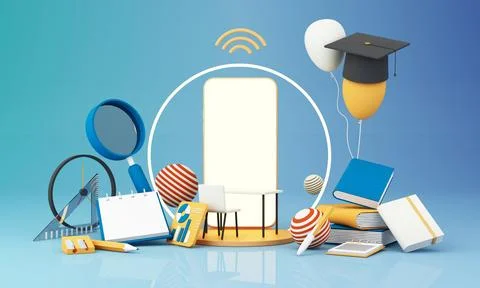 E-learning concept with smart phone and wi-fi symbol surrounded by Graduate c 스톡 일러스트