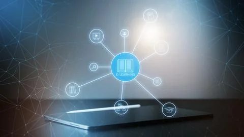 E learning concept with symbols around a tablet on a dark background Stock Photos