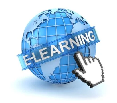 E-learning concept with world and hand cursor Stock Illustration