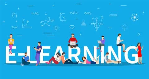 E-learning concept. Young people with tablet Illustrazione stock