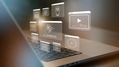 E learning concepts displayed on a laptop screen with icons representing Stock Photos