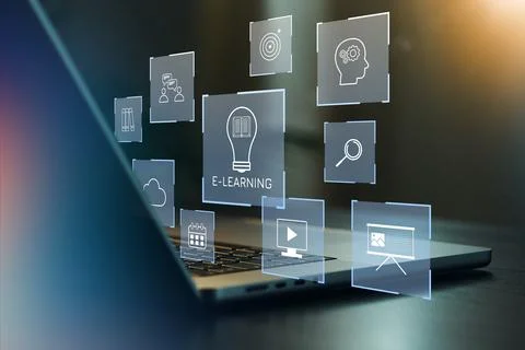 E learning concepts displayed on a laptop screen with various icons Stock Photos