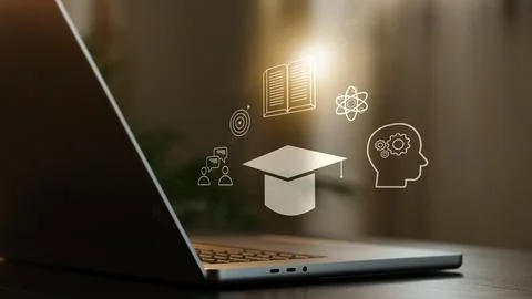 E learning concepts displayed on a laptop screen with various educational icons Stock Photos
