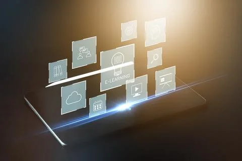 E learning concepts displayed on a smartphone screen with various icons Stock Photos