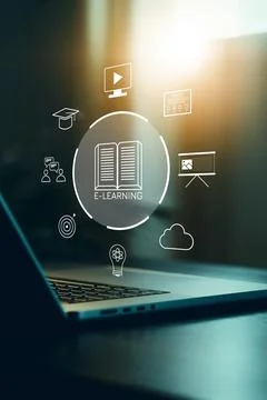 E learning concepts with laptop and various educational symbols in a bright Stock Photos