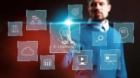 E learning concepts with a man interacting with digital icons in a modern Stock Photos
