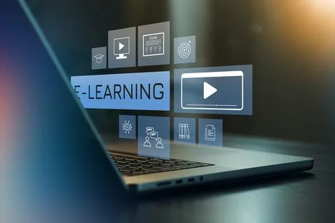 E learning concepts shown on a laptop screen in a study setting with icons and Stock Photos