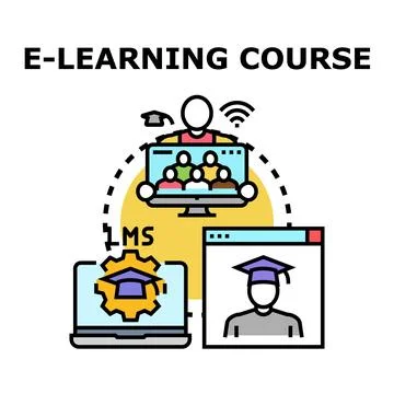 E learning course concept with online education platform and virtual student Stock Illustration