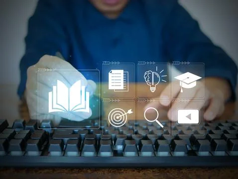 E-learning courses. A man attends an online lesson on a virtual digital screen Stock Photos