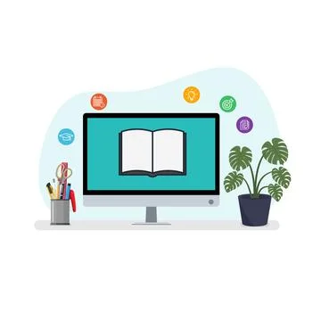 E-learning desktop setup with book, icons, and office essentials 스톡 일러스트