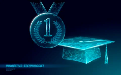 E-learning distance graduate certificate achievement program concept. Low poly Illustrazione stock