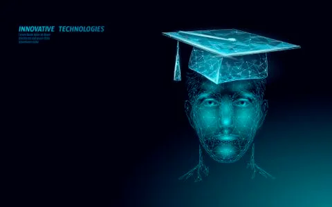 E-learning distance graduate certificate male concept. Low poly 3D render Stock Illustration