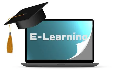 An E-learning education concept with a graduation hat on the edge of the lapt Illustration