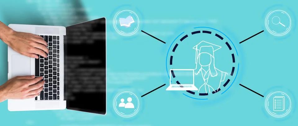 E-learning education concept, learning online with webinar, video tutorial Stock Photos