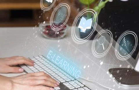 E-learning education concept, learning online with webinar, video tutorial Stock Photos